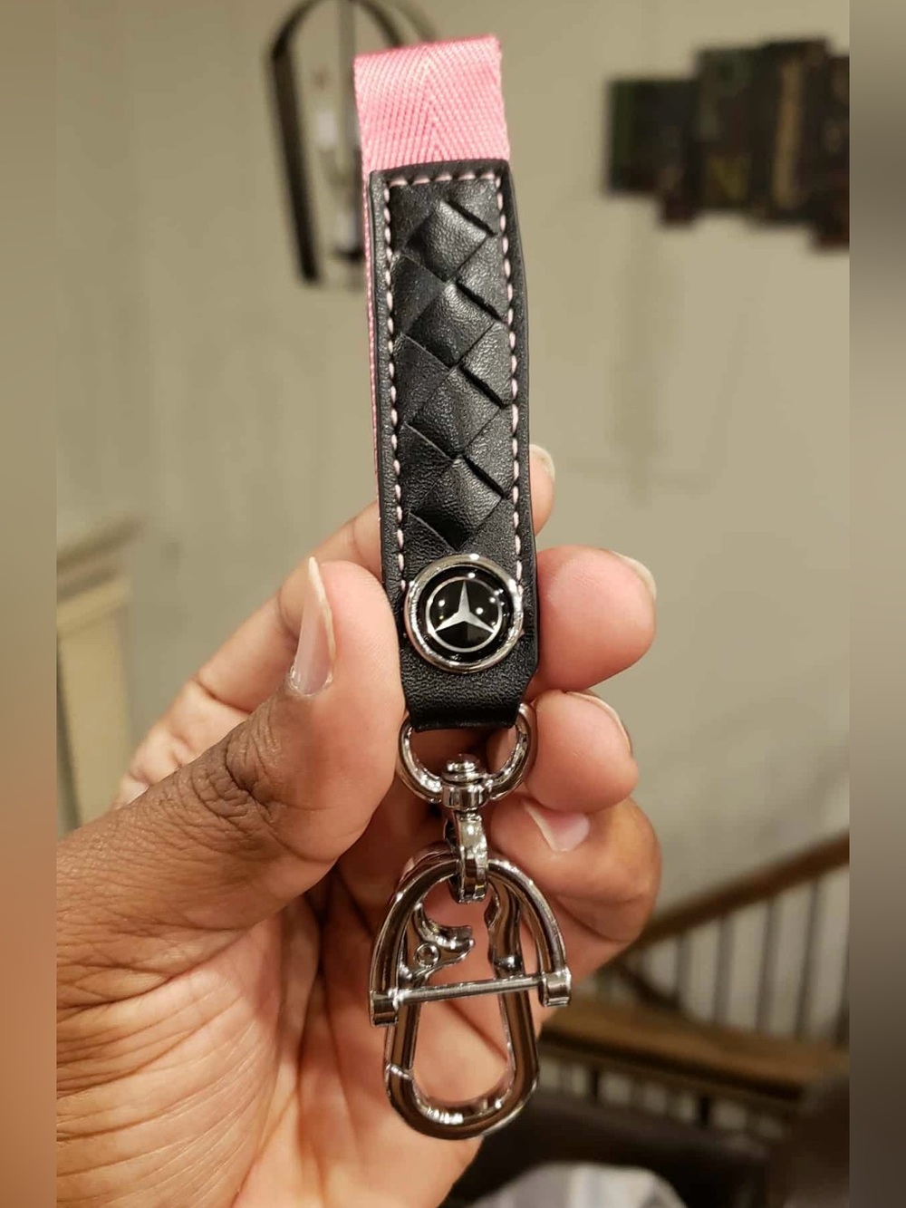 MERCEDES BENZ Black Leather & Pink Chrome Keychain & Car Key Fob Case Cover
